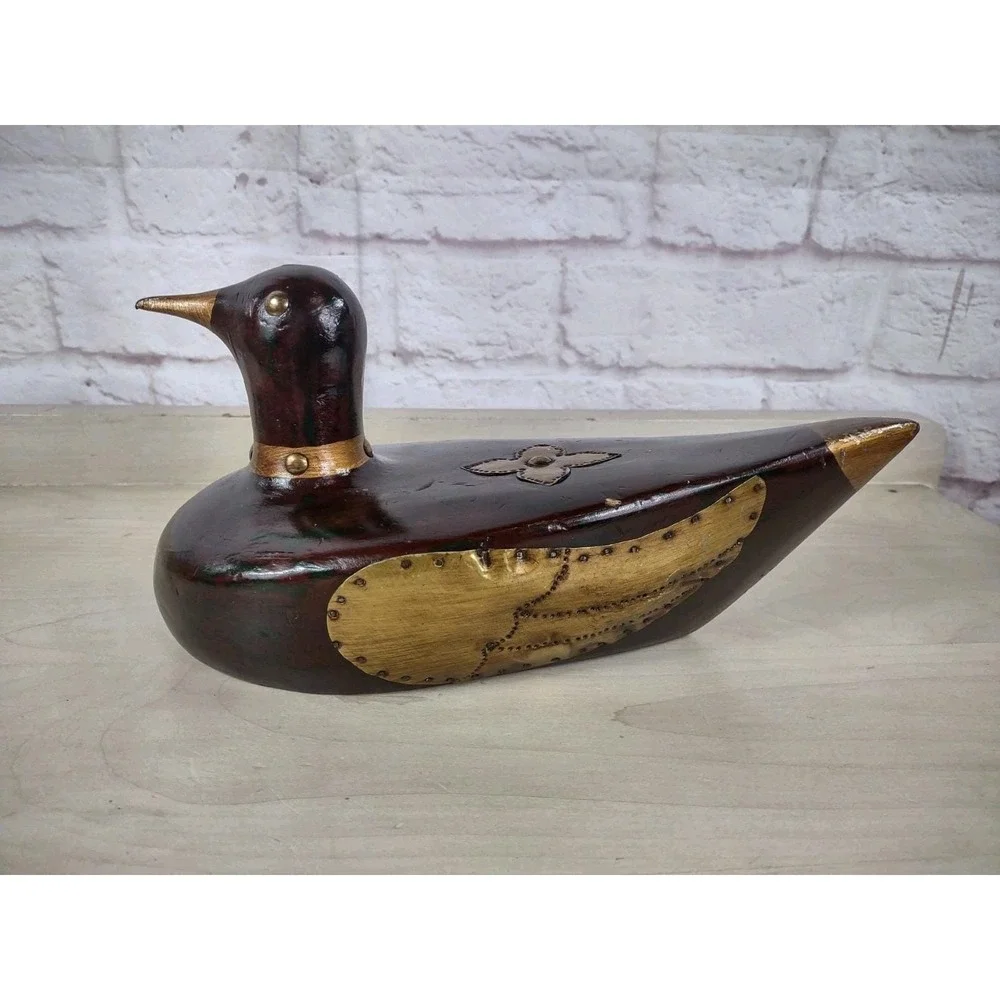Wooden Folk Art Duck Decoy Wood Brass Country Decor 14 Inch Vtg Knicks SEE